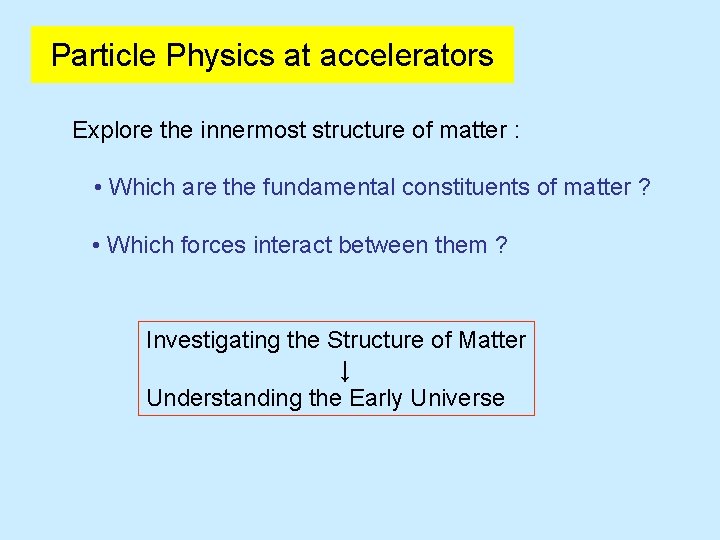 Particle Physics at accelerators Explore the innermost structure of matter : • Which are