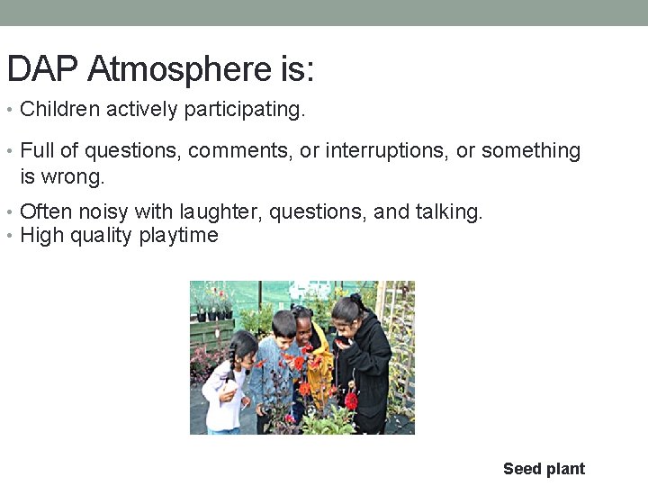 DAP Atmosphere is: • Children actively participating. • Full of questions, comments, or interruptions,