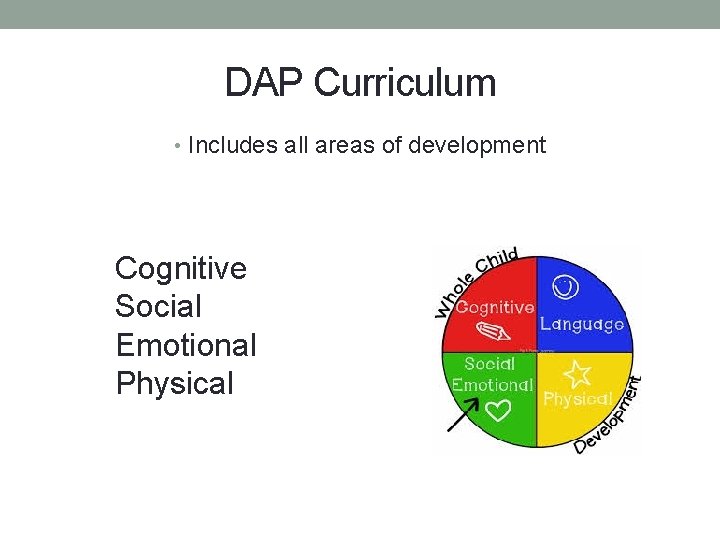 DAP Curriculum • Includes all areas of development Cognitive Social Emotional Physical 