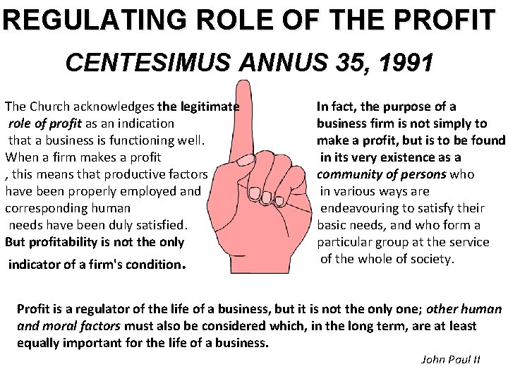 REGULATING ROLE OF THE PROFIT CENTESIMUS ANNUS 35, 1991 The Church acknowledges the legitimate