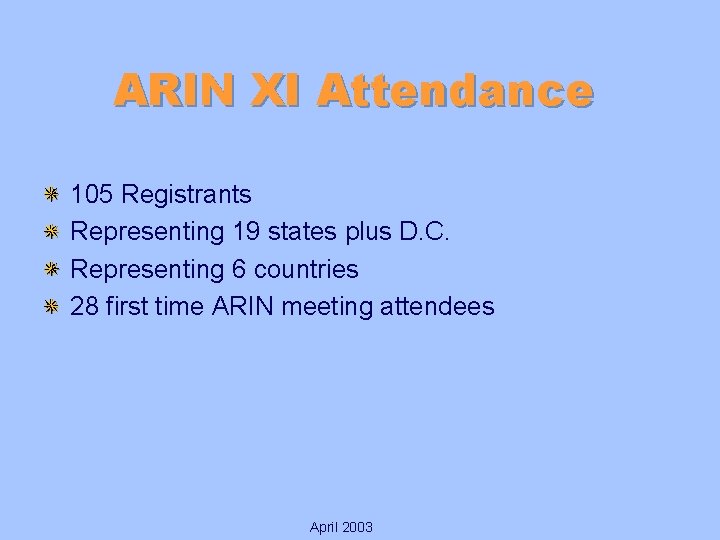 ARIN XI Attendance 105 Registrants Representing 19 states plus D. C. Representing 6 countries