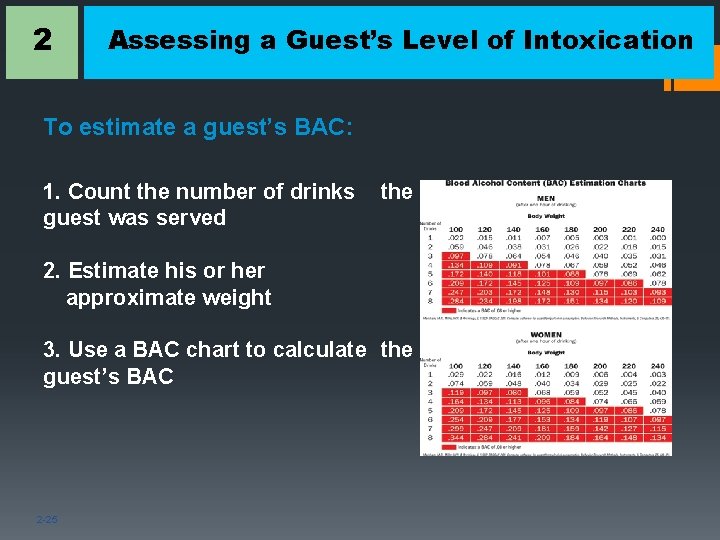 2 Assessing a Guest’s Level of Intoxication To estimate a guest’s BAC: 1. Count