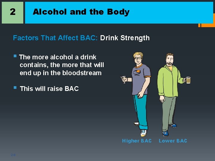 2 Alcohol and the Body Factors That Affect BAC: Drink Strength § The more