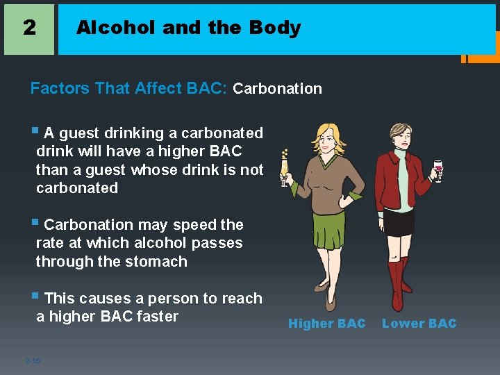 2 Alcohol and the Body Factors That Affect BAC: Carbonation § A guest drinking