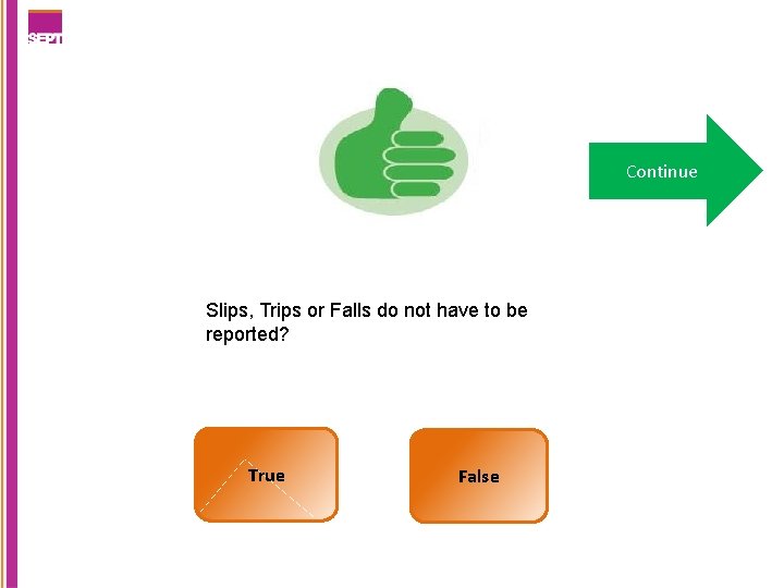 Continue Slips, Trips or Falls do not have to be reported? True False 