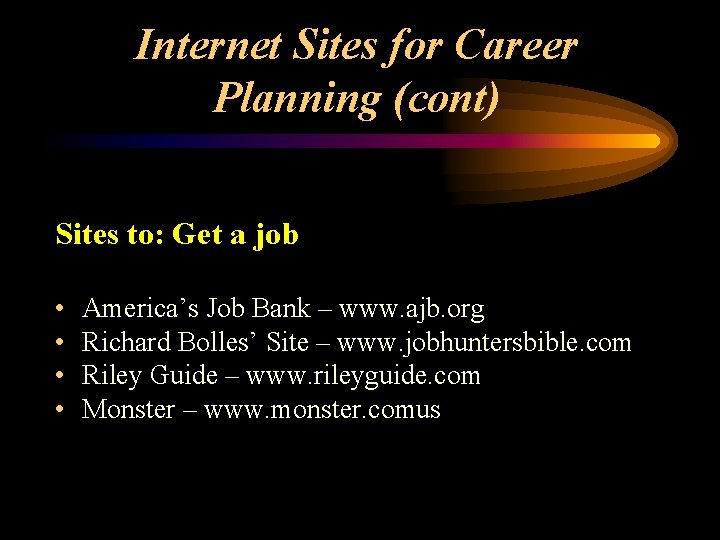 Internet Sites for Career Planning (cont) Sites to: Get a job • • America’s