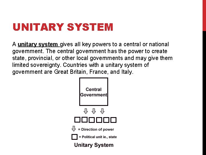 UNITARY SYSTEM A unitary system gives all key powers to a central or national