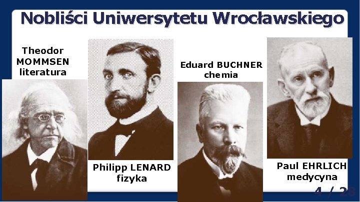 Nobliści Uniwersytetu Wrocławskiego Theodor MOMMSEN literatura Eduard BUCHNER chemia Philipp LENARD fizyka Paul EHRLICH Nobliści Uniwersytetu Wrocławskiego Theodor MOMMSEN literatura Eduard BUCHNER chemia Philipp LENARD fizyka Paul EHRLICH