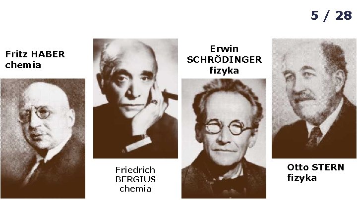 5 / 28 Erwin SCHRÖDINGER fizyka Fritz HABER chemia Friedrich BERGIUS chemia Otto STERN