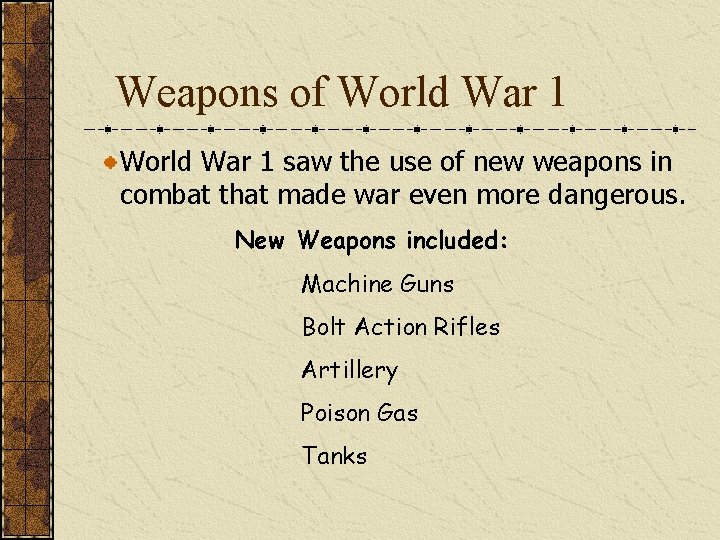 Weapons of World War 1 saw the use of new weapons in combat that
