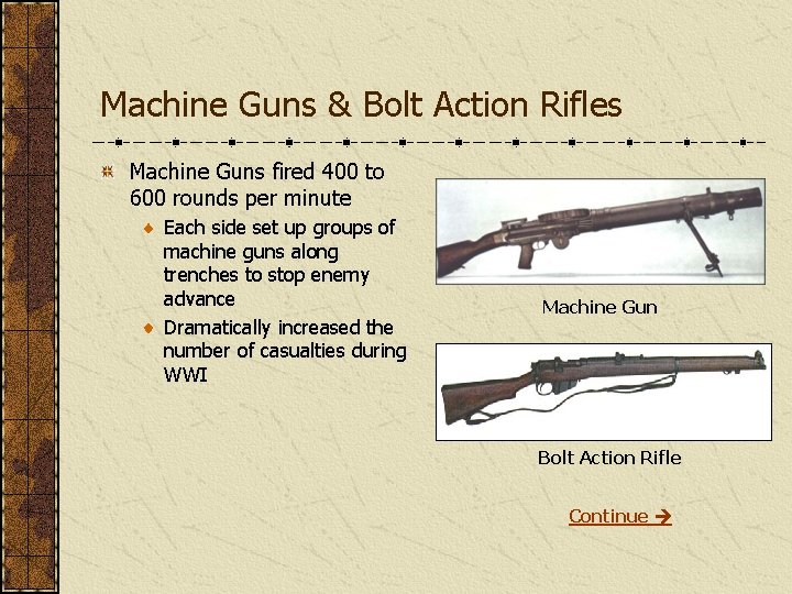 Machine Guns & Bolt Action Rifles Machine Guns fired 400 to 600 rounds per