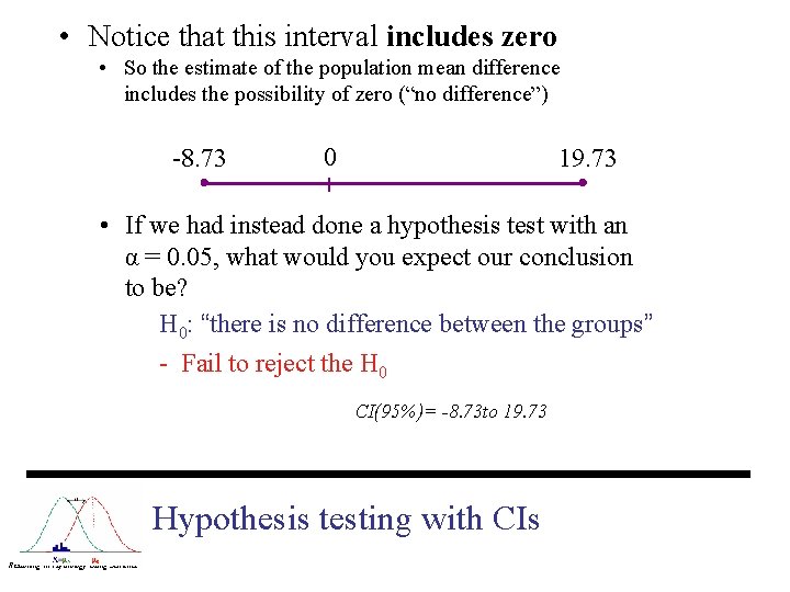  • Notice that this interval includes zero • So the estimate of the
