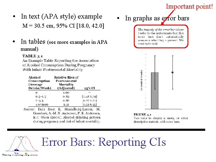 Important point! • In text (APA style) example • In graphs as error bars