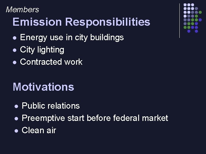 Members Emission Responsibilities l l l Energy use in city buildings City lighting Contracted