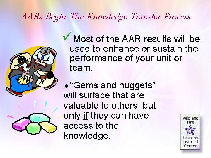 AARs Begin The Knowledge Transfer Process üMost of the AAR results will be used