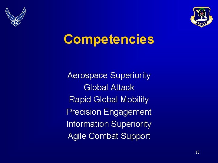 Competencies Aerospace Superiority Global Attack Rapid Global Mobility Precision Engagement Information Superiority Agile Combat