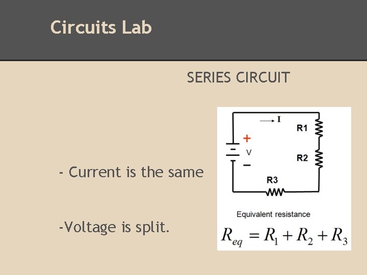 Circuits Lab SERIES CIRCUIT - Current is the same -Voltage is split. Circuits Lab SERIES CIRCUIT - Current is the same -Voltage is split.