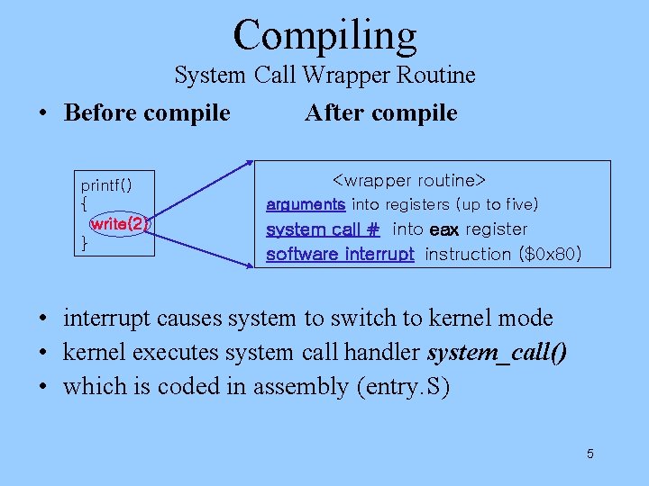 Compiling System Call Wrapper Routine • Before compile printf() { write(2) } After compile