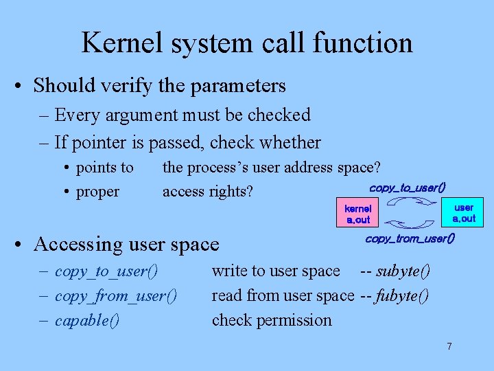 Kernel system call function • Should verify the parameters – Every argument must be