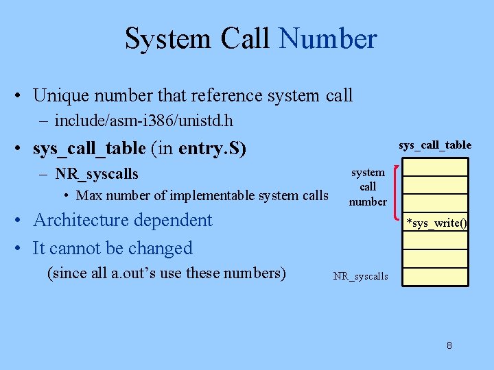System Call Number • Unique number that reference system call – include/asm-i 386/unistd. h
