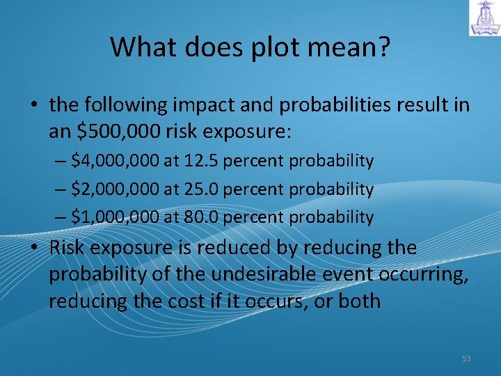 What does plot mean? • the following impact and probabilities result in an $500,