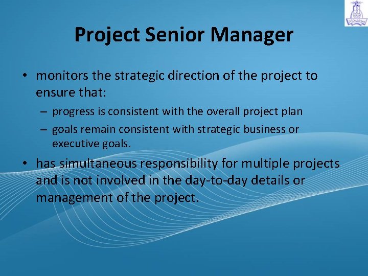 Project Senior Manager • monitors the strategic direction of the project to ensure that: