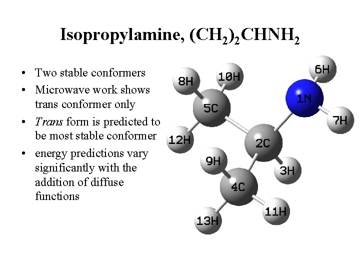 Isopropylamine, (CH 2)2 CHNH 2 • Two stable conformers • Microwave work shows trans