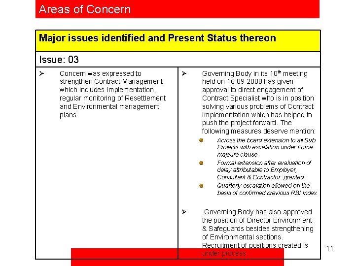 Areas of Concern Major issues identified and Present Status thereon Issue: 03 Ø Concern
