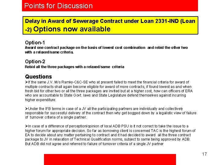 Points for Discussion Delay in Award of Sewerage Contract under Loan 2331 -IND (Loan