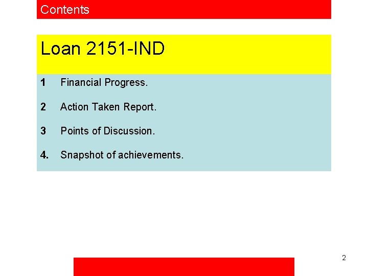 Contents Loan 2151 -IND 1 Financial Progress. 2 Action Taken Report. 3 Points of
