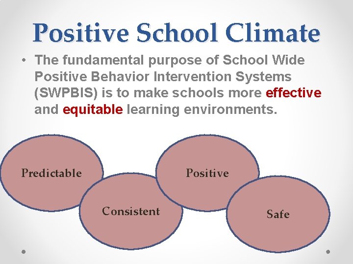 Positive School Climate • The fundamental purpose of School Wide Positive Behavior Intervention Systems Positive School Climate • The fundamental purpose of School Wide Positive Behavior Intervention Systems