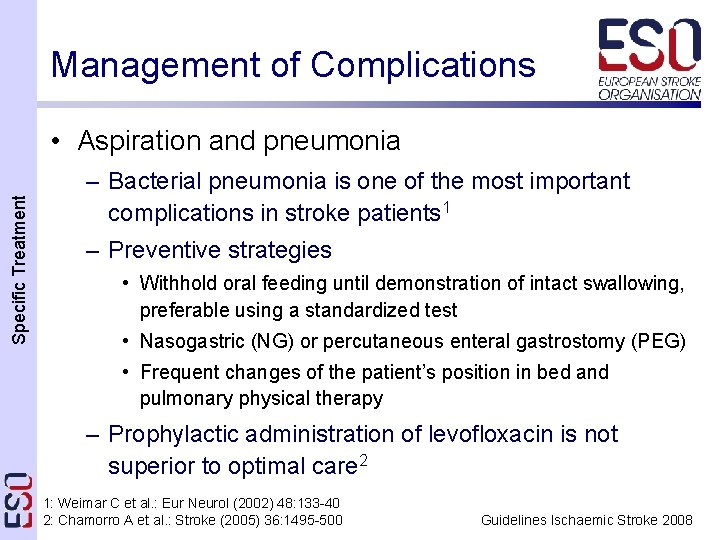 Management of Complications Specific Treatment • Aspiration and pneumonia – Bacterial pneumonia is one