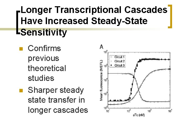 Longer Transcriptional Cascades Have Increased Steady-State Sensitivity n n Confirms previous theoretical studies Sharper