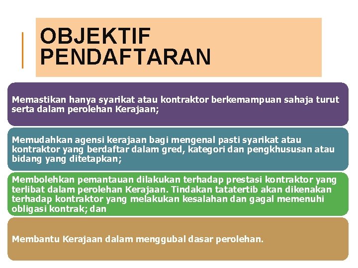 OBJEKTIF PENDAFTARAN Memastikan hanya syarikat atau kontraktor berkemampuan sahaja turut serta dalam perolehan Kerajaan;