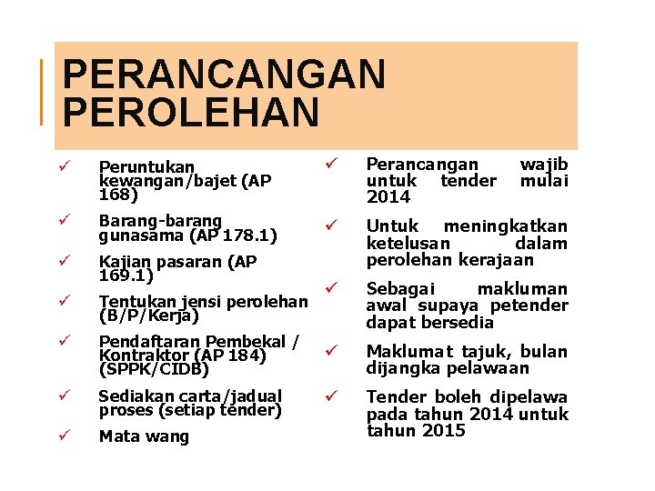 PERANCANGAN PEROLEHAN ü Peruntukan kewangan/bajet (AP 168) ü Perancangan untuk tender 2014 wajib mulai