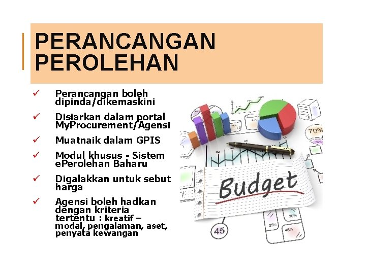 PERANCANGAN PEROLEHAN ü Perancangan boleh dipinda/dikemaskini ü Disiarkan dalam portal My. Procurement/Agensi ü Muatnaik