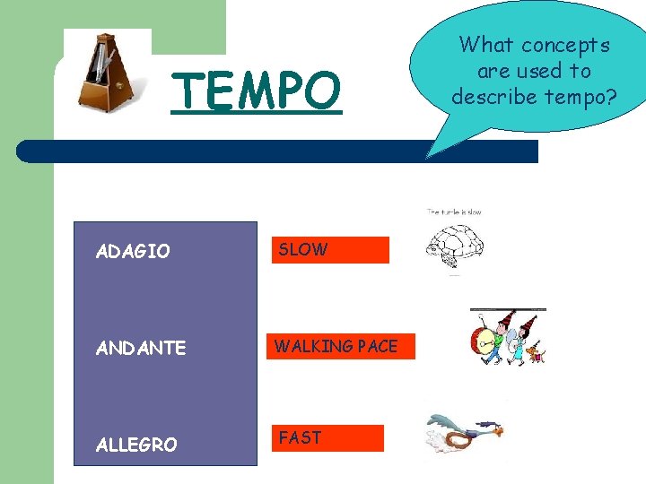 TEMPO ADAGIO ANDANTE ALLEGRO SLOW WALKING PACE FAST What concepts are used to describe