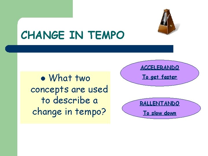 CHANGE IN TEMPO ACCELERANDO What two concepts are used to describe a change in