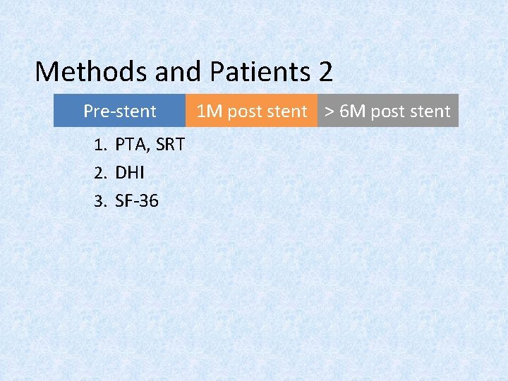 Methods and Patients 2 n Pre-stent post stent 6 M>post 6 M post Pre-stent/