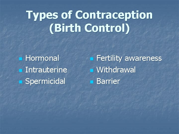 Types of Contraception (Birth Control) n n n Hormonal Intrauterine Spermicidal n n n Types of Contraception (Birth Control) n n n Hormonal Intrauterine Spermicidal n n n