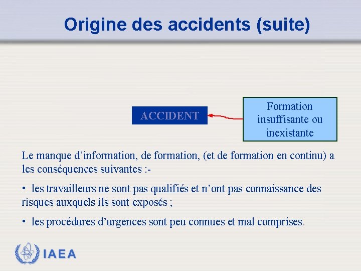 Origine des accidents (suite) ACCIDENT Formation insuffisante ou inexistante Le manque d’information, de formation,