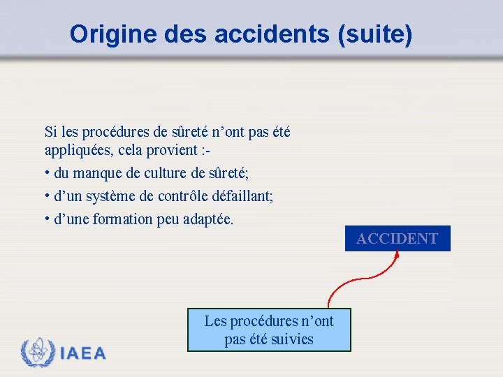 Origine des accidents (suite) Si les procédures de sûreté n’ont pas été appliquées, cela