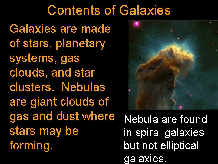 Contents of Galaxies are made of stars, planetary systems, gas clouds, and star clusters. Contents of Galaxies are made of stars, planetary systems, gas clouds, and star clusters.