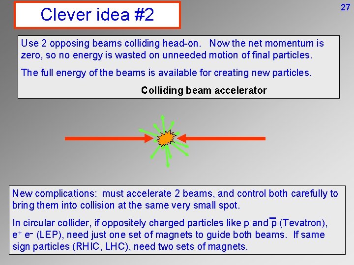 Clever idea #2 27 Use 2 opposing beams colliding head-on. Now the net momentum