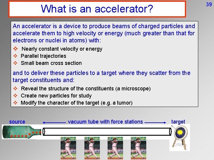 39 What is an accelerator? An accelerator is a device to produce beams of