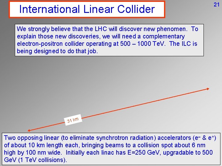 International Linear Collider 21 We strongly believe that the LHC will discover new phenomen.