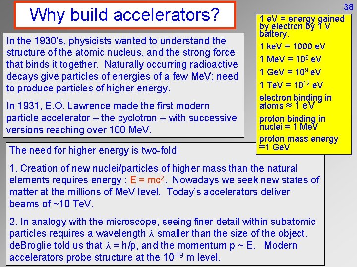 Why build accelerators? In the 1930’s, physicists wanted to understand the structure of the