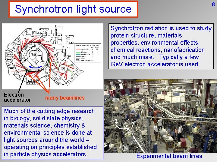 8 Synchrotron light source Synchrotron radiation is used to study protein structure, materials properties,