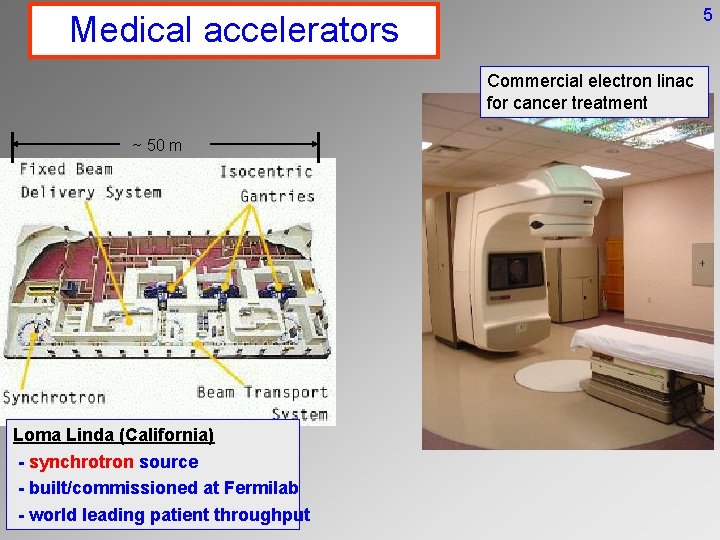 5 Medical accelerators Commercial electron linac for cancer treatment ~ 50 m Loma Linda