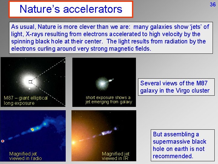 36 Nature’s accelerators As usual, Nature is more clever than we are: many galaxies